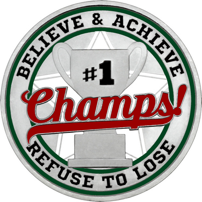 Maroon "Champs!" with Dark Green Outer Circular Borders